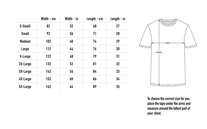 Size chart for Colossus Tee - Black
