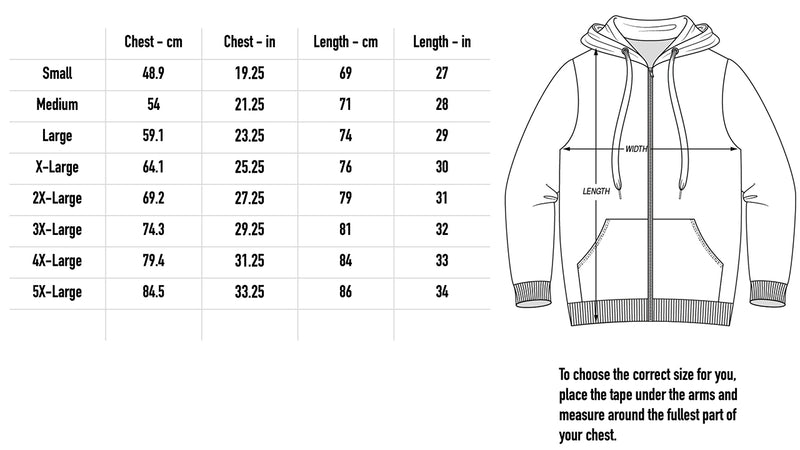 Size chart for Exul Zip Hoodie - Black
