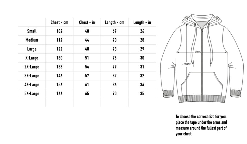 Size chart for As The Dead Sigh Zip Hoodie - Black